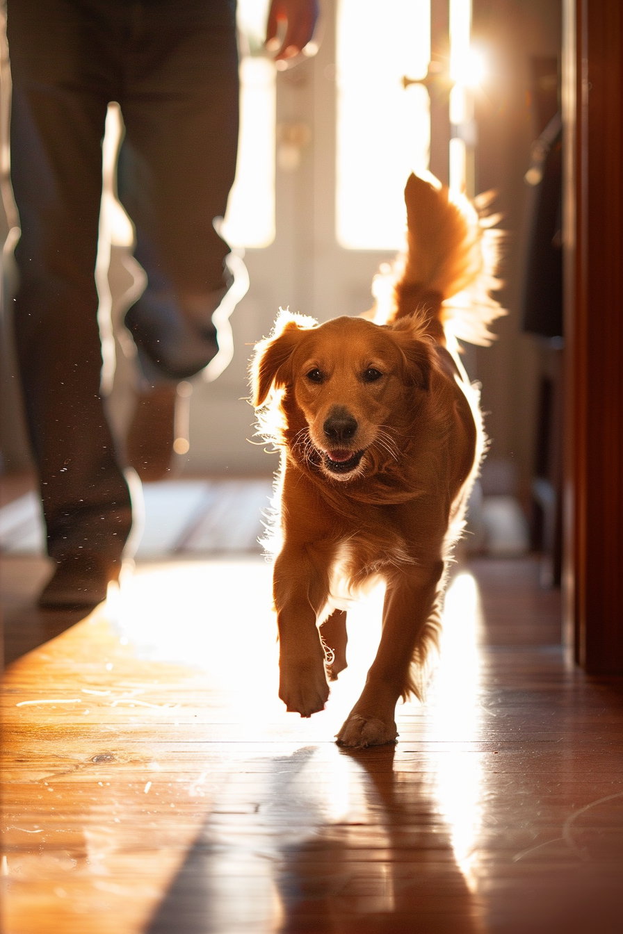 Dog joyfully running to owner at door, tail wagging