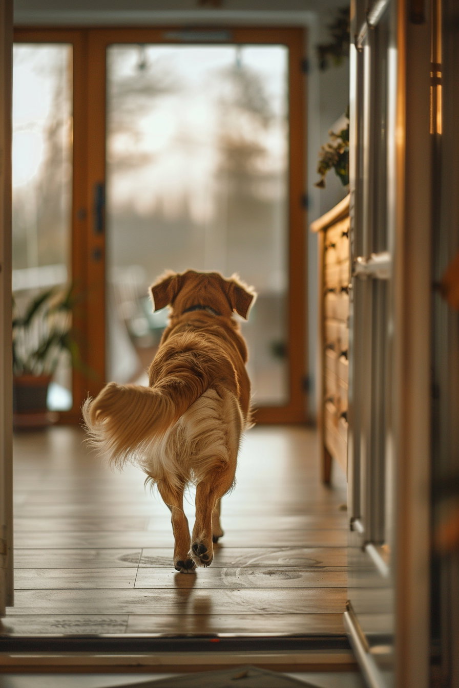Dog joyfully running to greet owner at home door