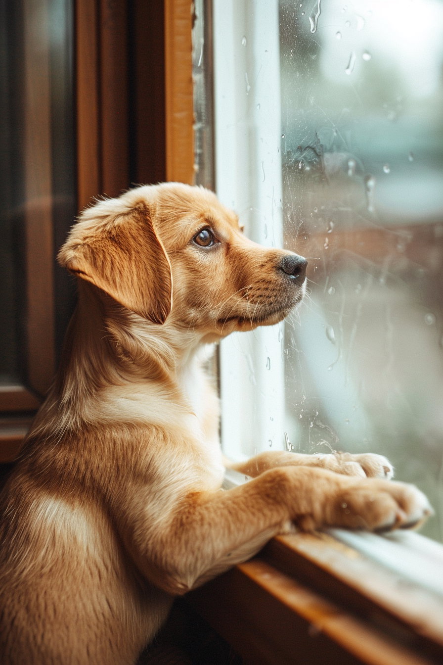 Puppy gazing out the window in soft daylight