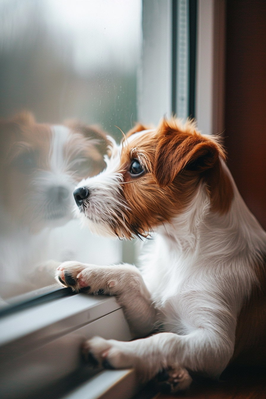 Puppy gazing out window in soft daylight