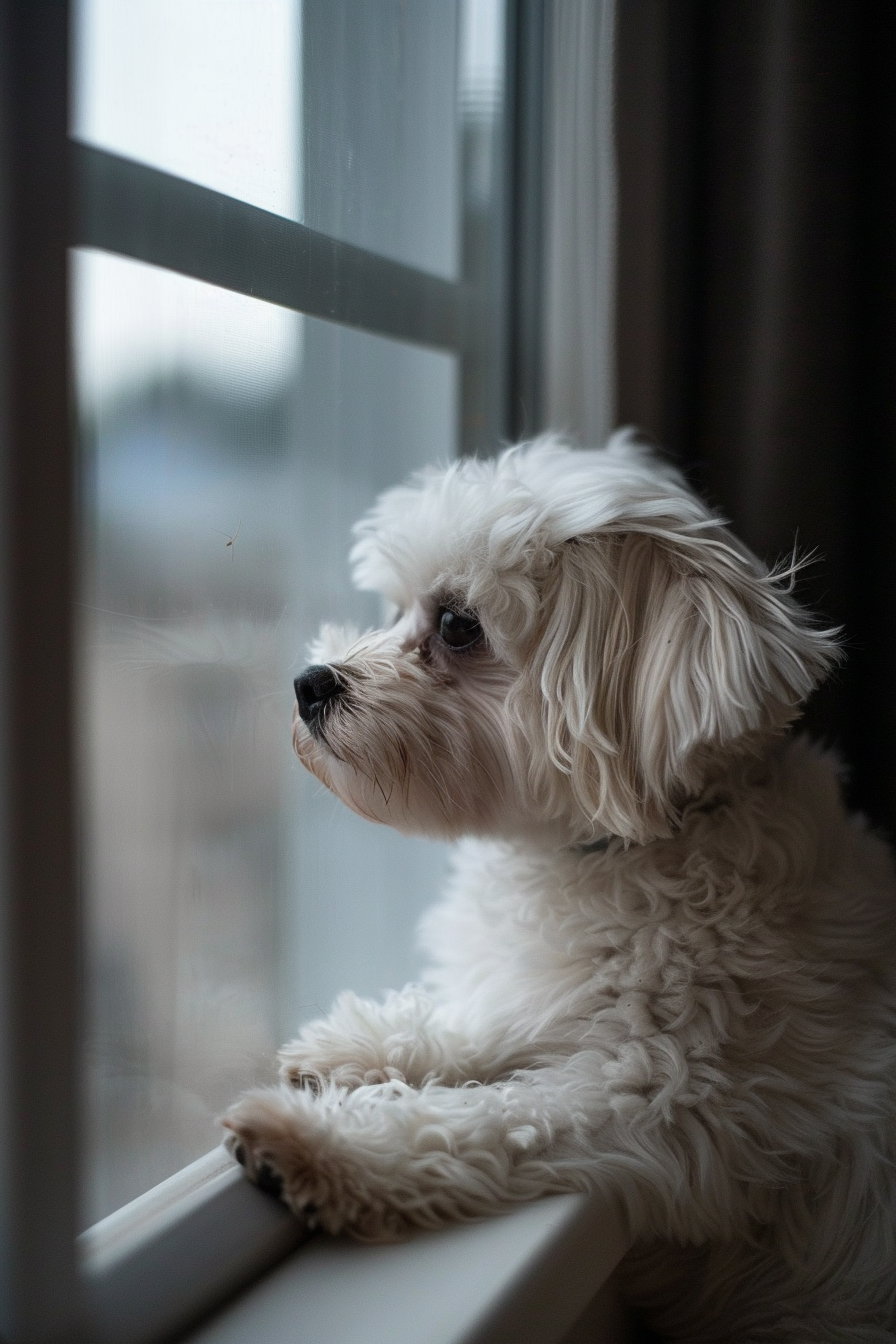 Puppy gazing out the window in soft daylight