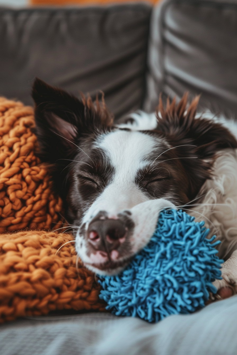 Cute dog falling asleep with toy in mouth indoors