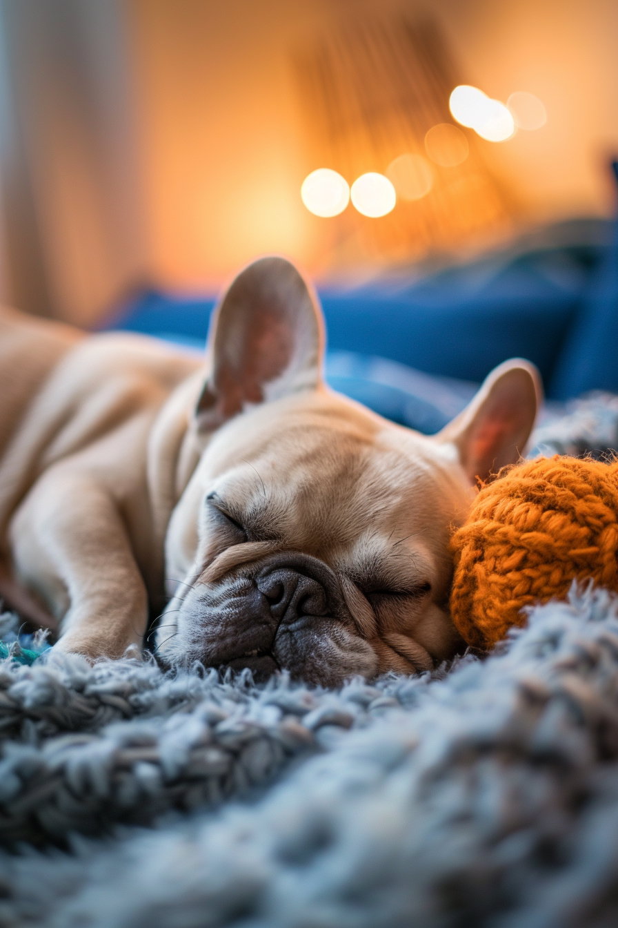 Dog playfully dozing off with toy in cozy light