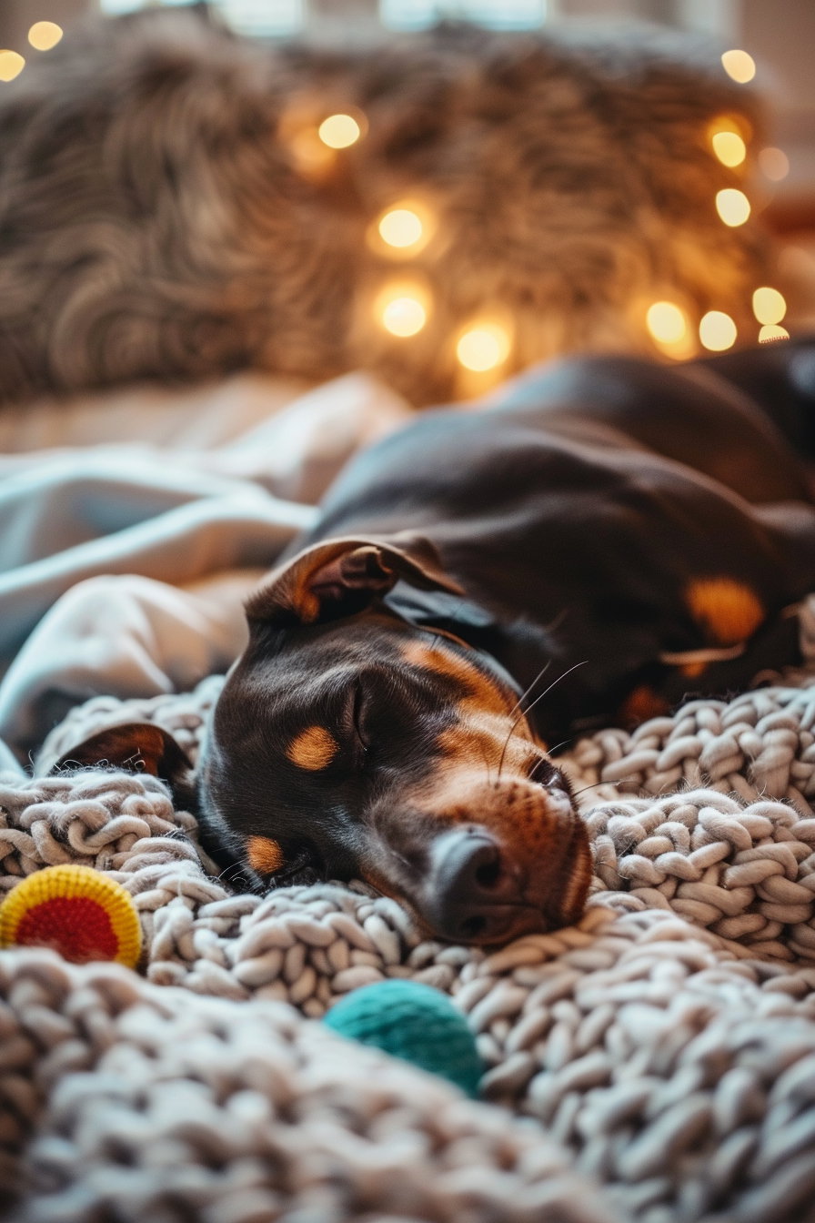Cute dog dozing off with toy in mouth indoors
