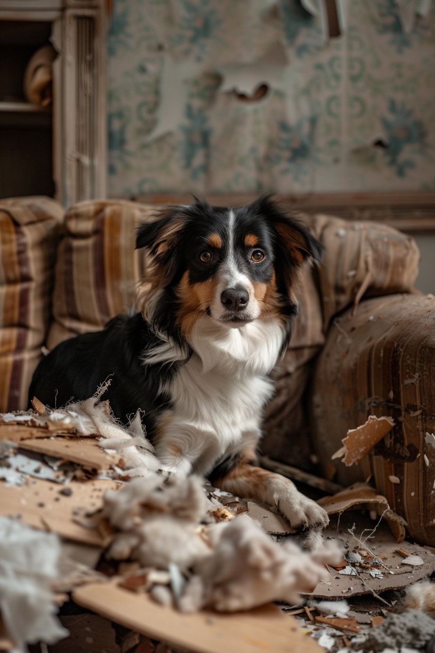 Guilty dog beside destroyed couch in messy room
