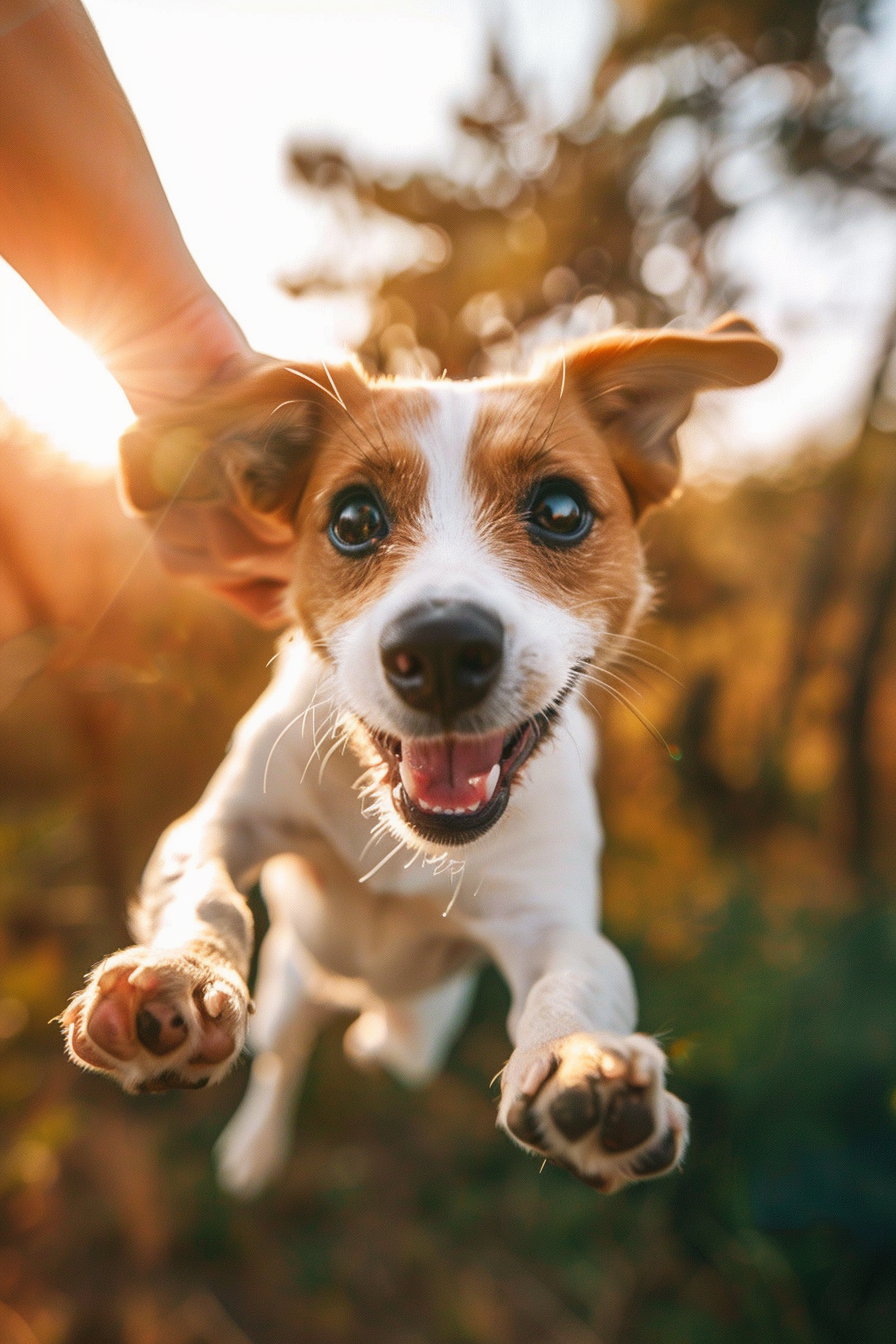 Happy dog leaping into arms in sunlight