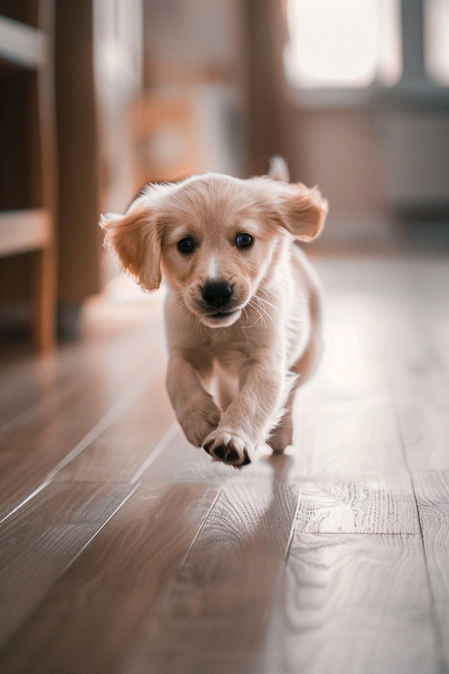 Puppy slipping on wooden floor in candid funny moment