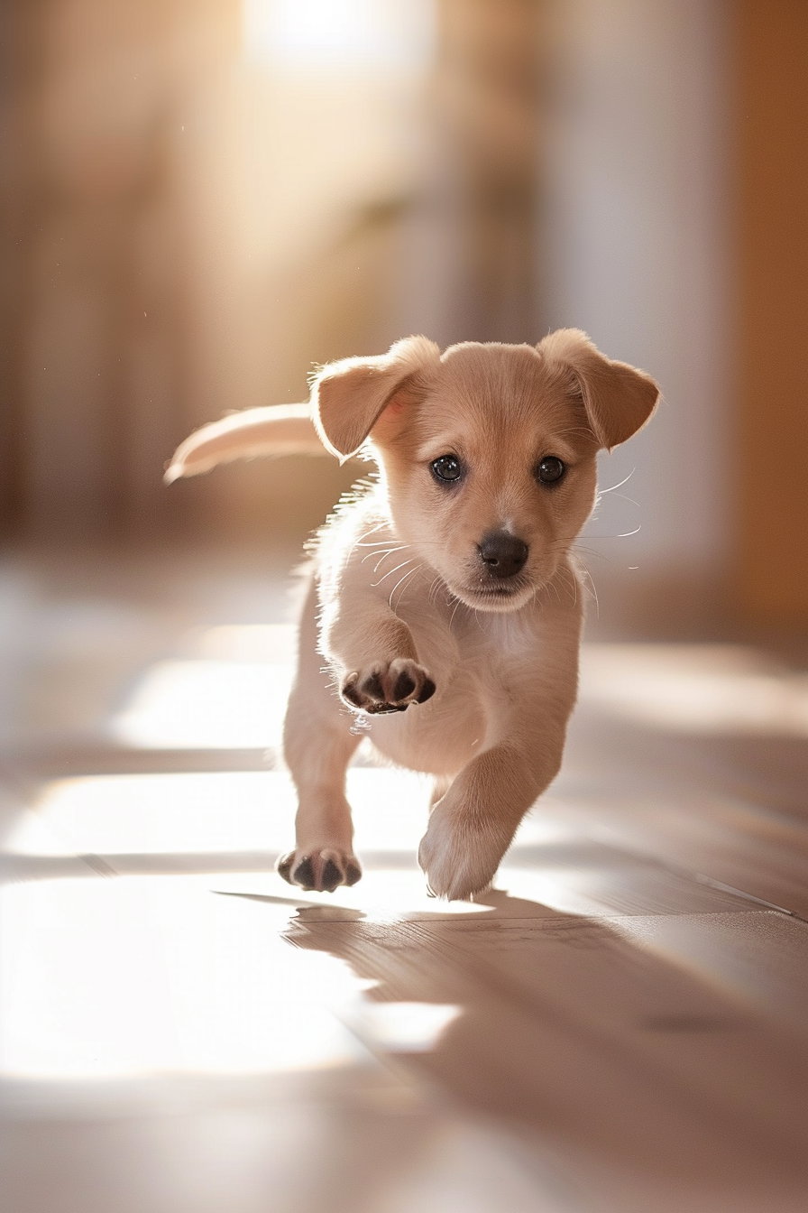 Puppy slipping on wooden floor in funny candid moment