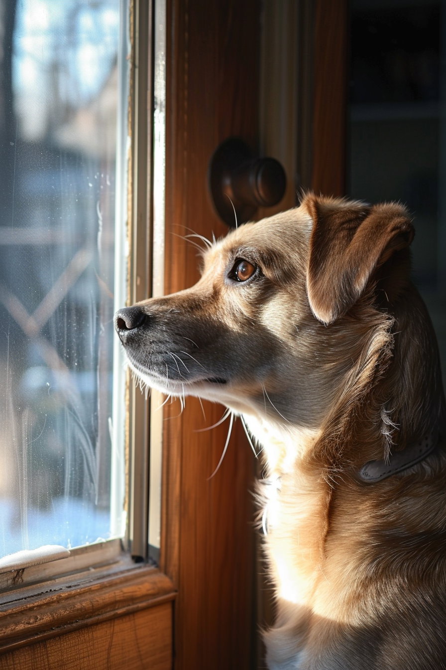 Sad dog watching owner leave through door with soft shadows