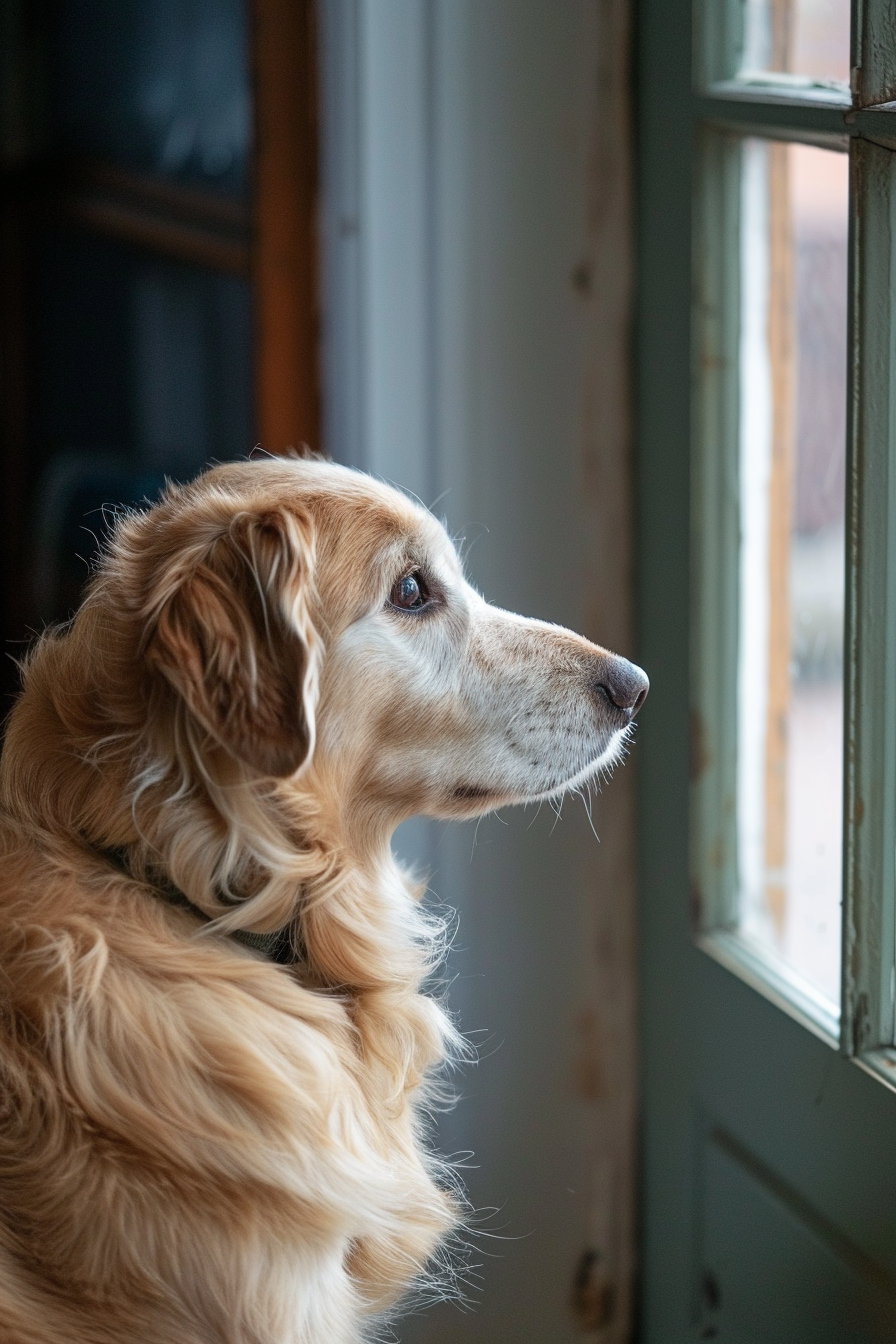 Sad dog watching owner leave through the door