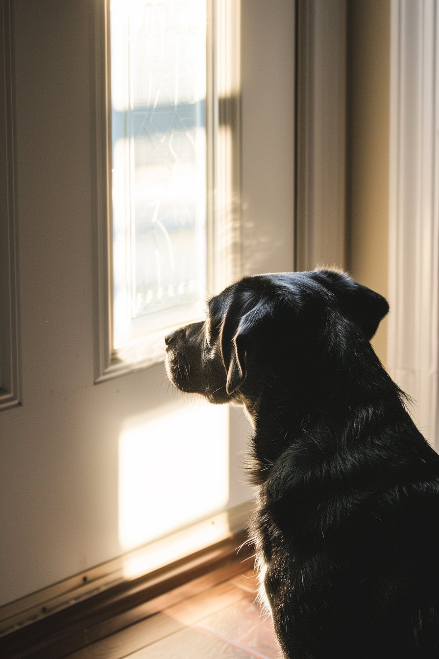 Dog with sad expression watching owner leave through door