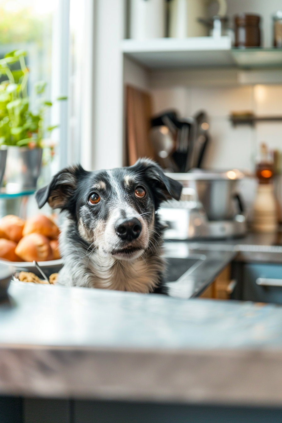 Surprised dog stealing food from kitchen table