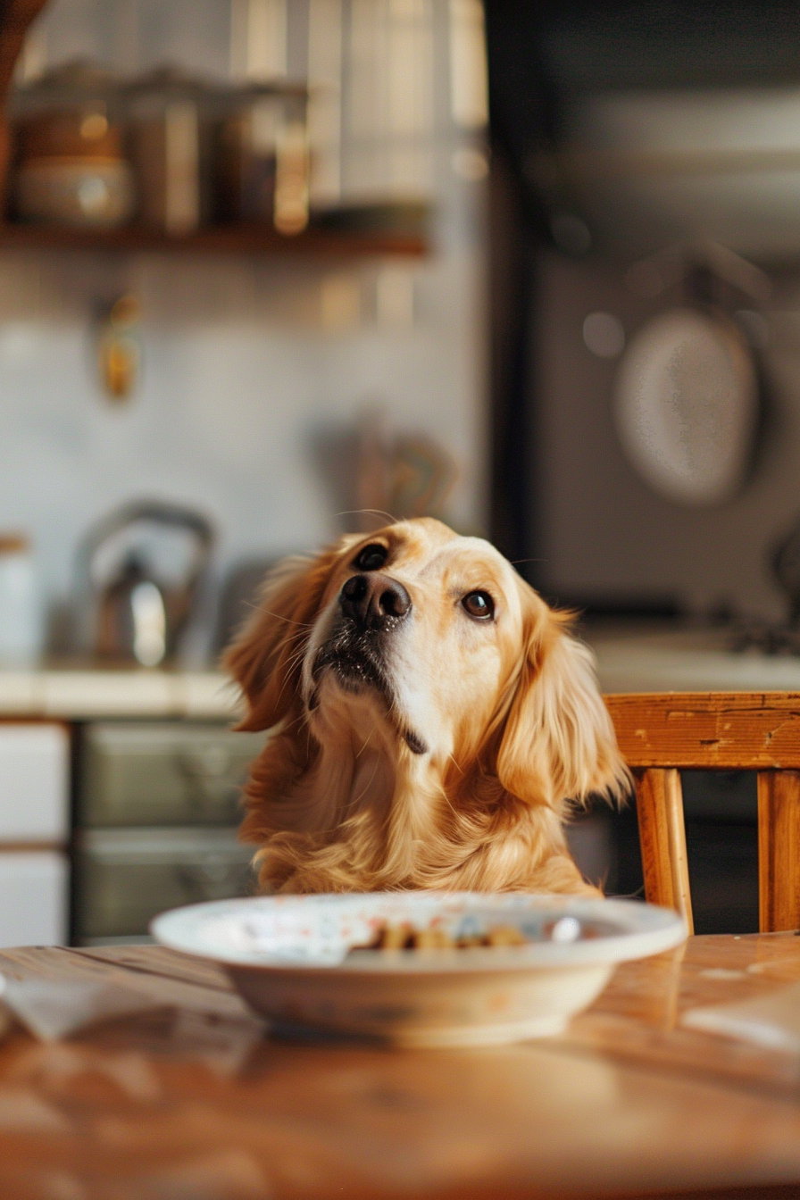 Surprised dog stealing food from kitchen table