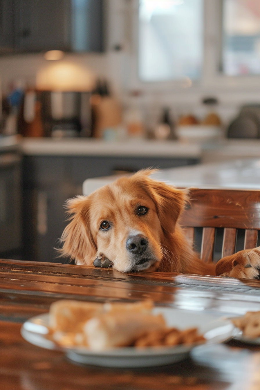 Surprised dog stealing food from kitchen table