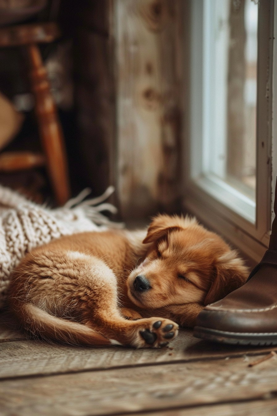 Puppy sleeping peacefully beside owner's shoes in cozy lighting