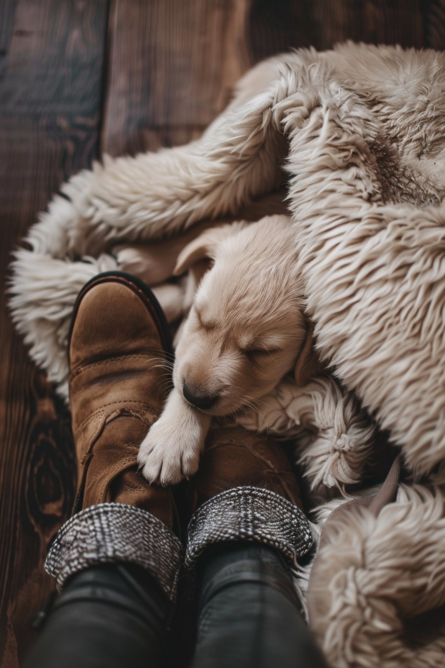 Puppy sleeping peacefully beside owner's shoes in cozy lighting