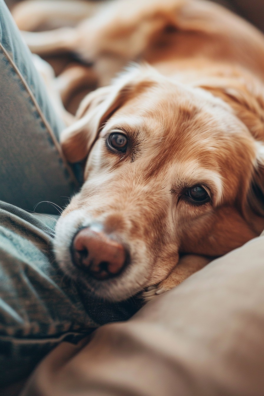 Dog resting on owner's lap in cozy home setting