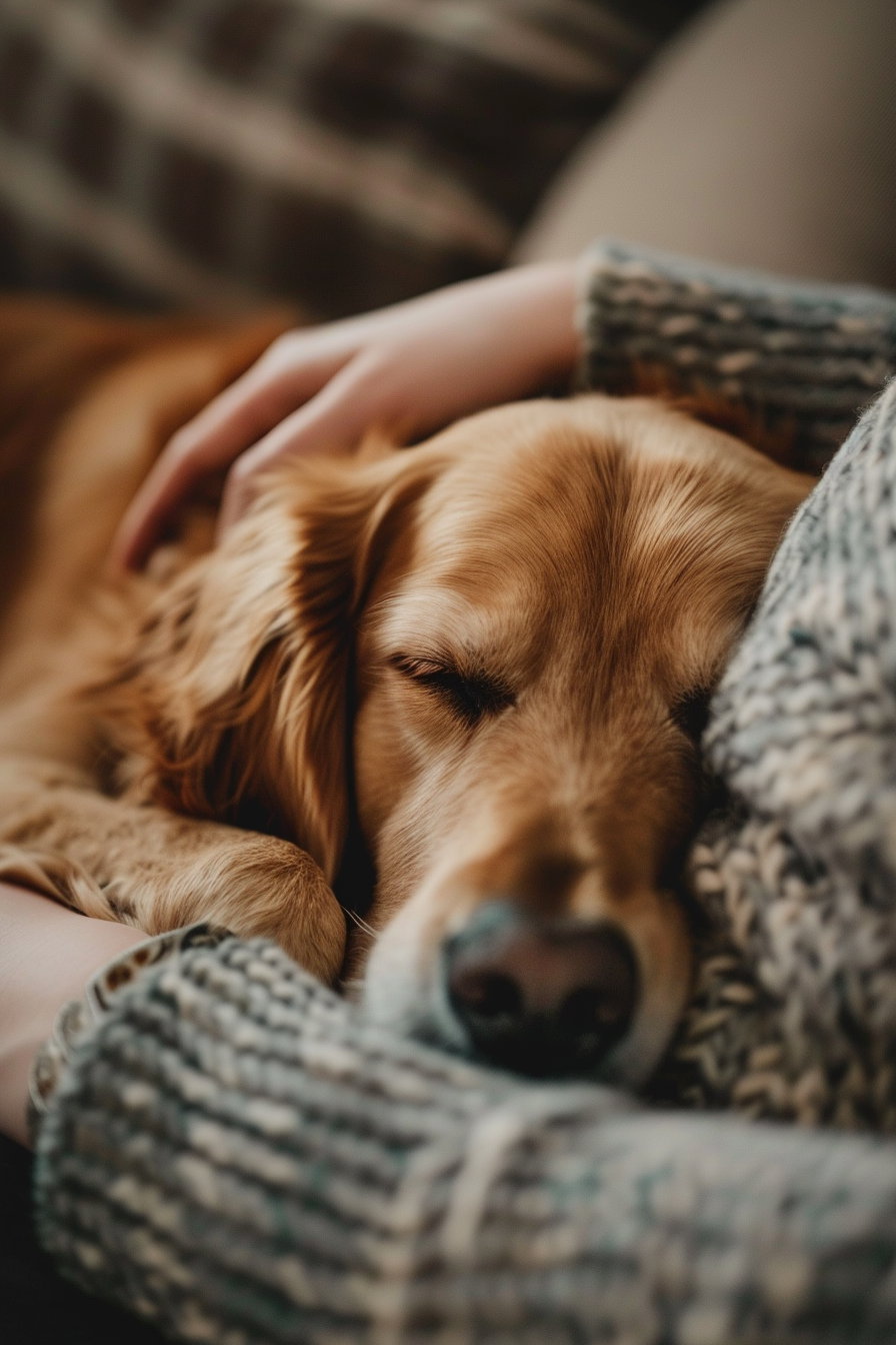 Dog resting on owner's lap in cozy warm lighting