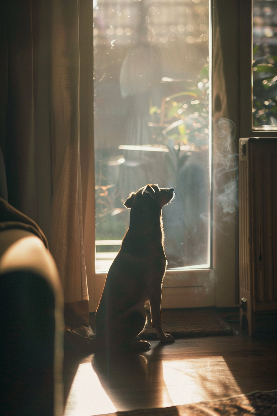Dog sitting alone in dim room with soft shadows