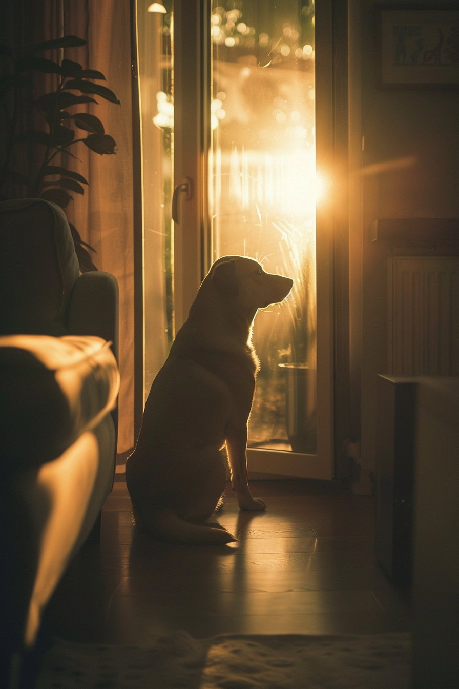 Dog sitting alone in dimly lit room with soft shadows