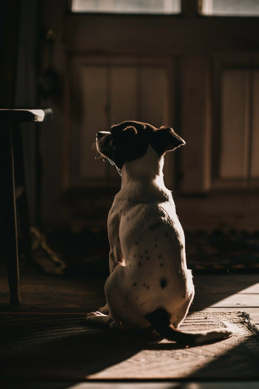 Dog sitting alone in dim room with soft shadows