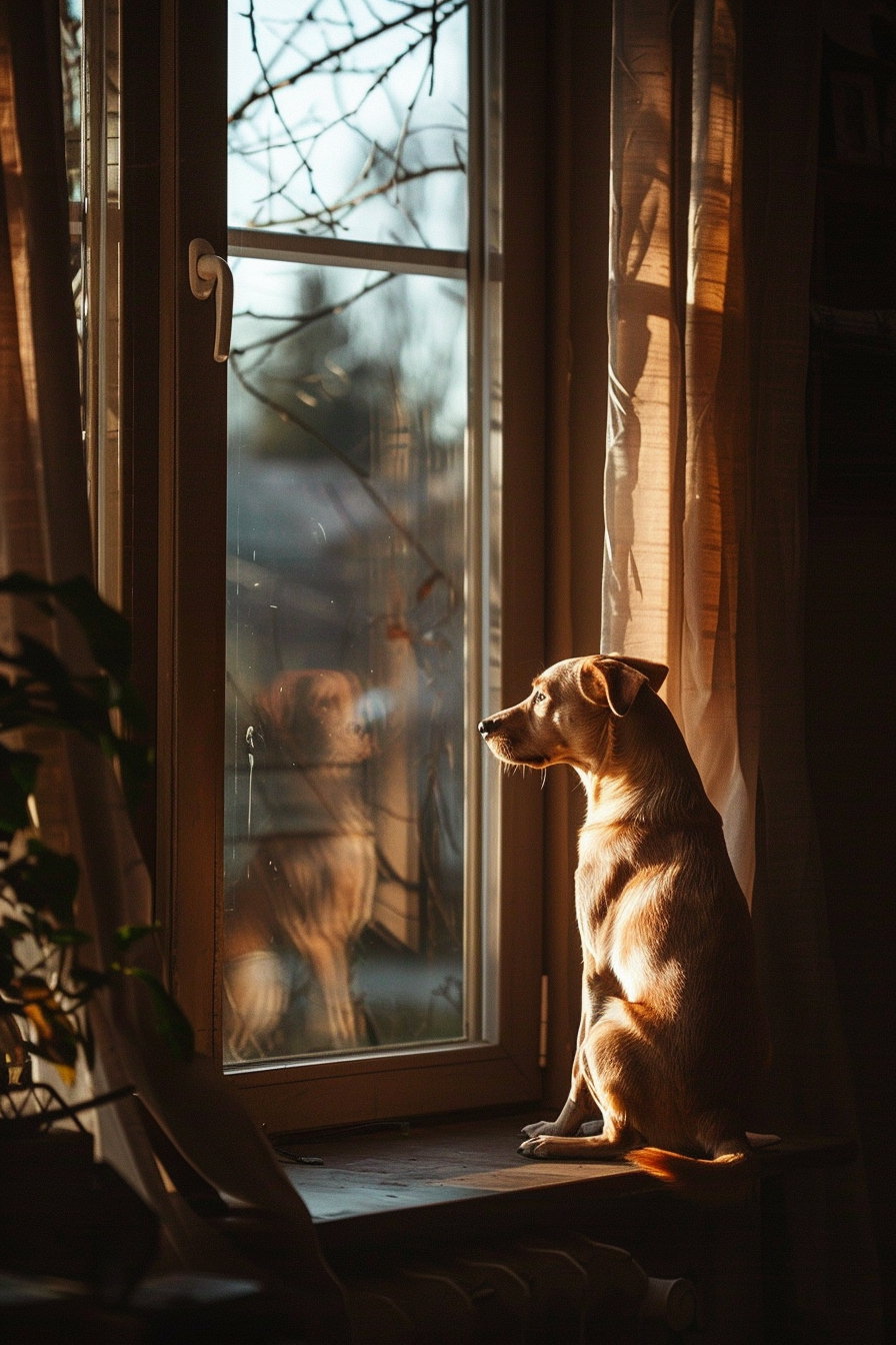 Dog sitting alone in dim room with soft shadows