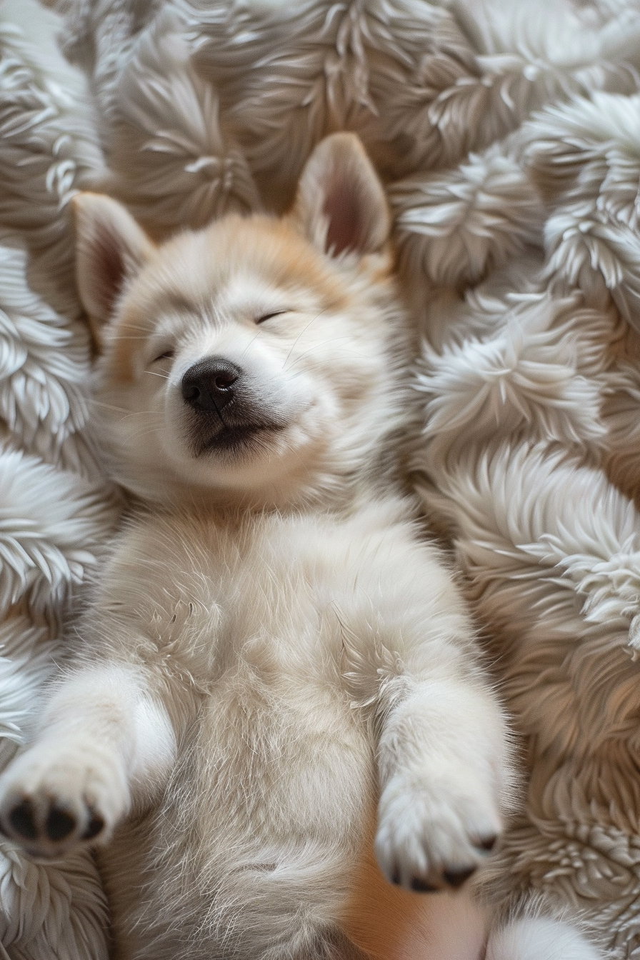 Adorable puppy sleeping belly up in cozy lighting