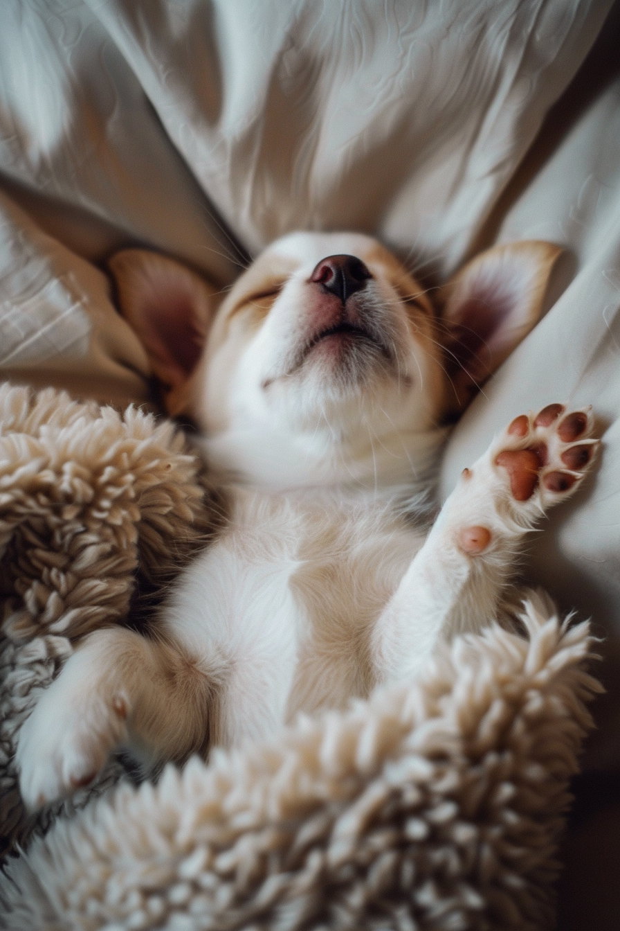 Adorable puppy sleeping belly up in cozy lighting