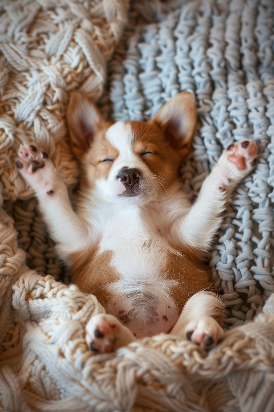 Adorable puppy sleeping belly up in cozy lighting