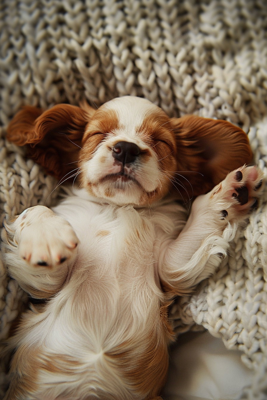 Adorable puppy sleeping belly up in cozy lighting