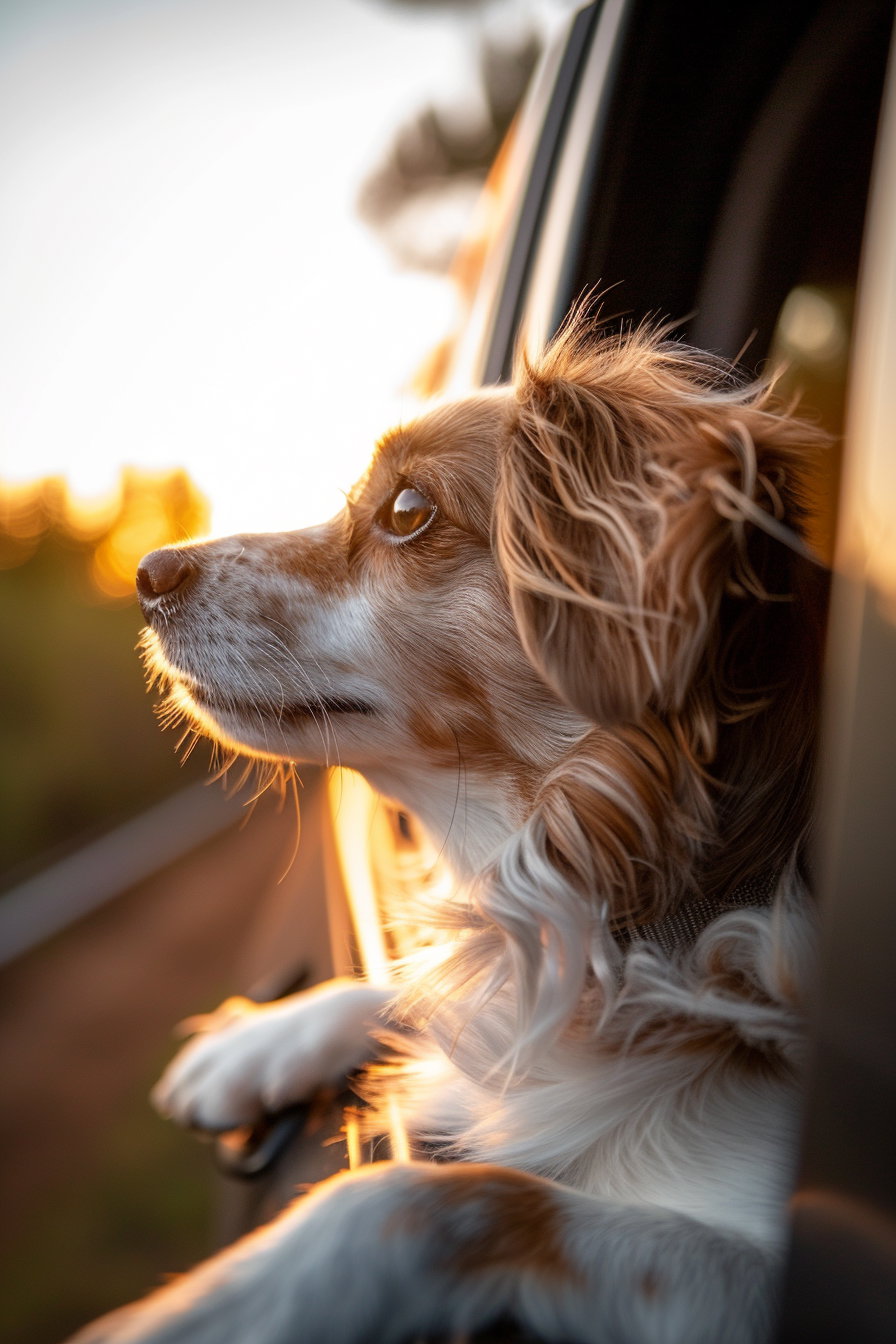 Dog enjoying a sunset road trip, fur blowing in wind