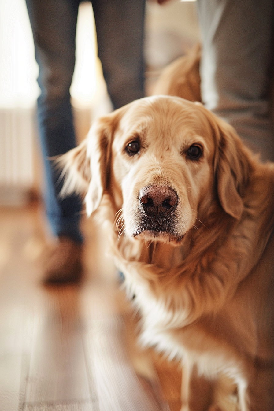 Loyal dog closely following owner in cozy home scene