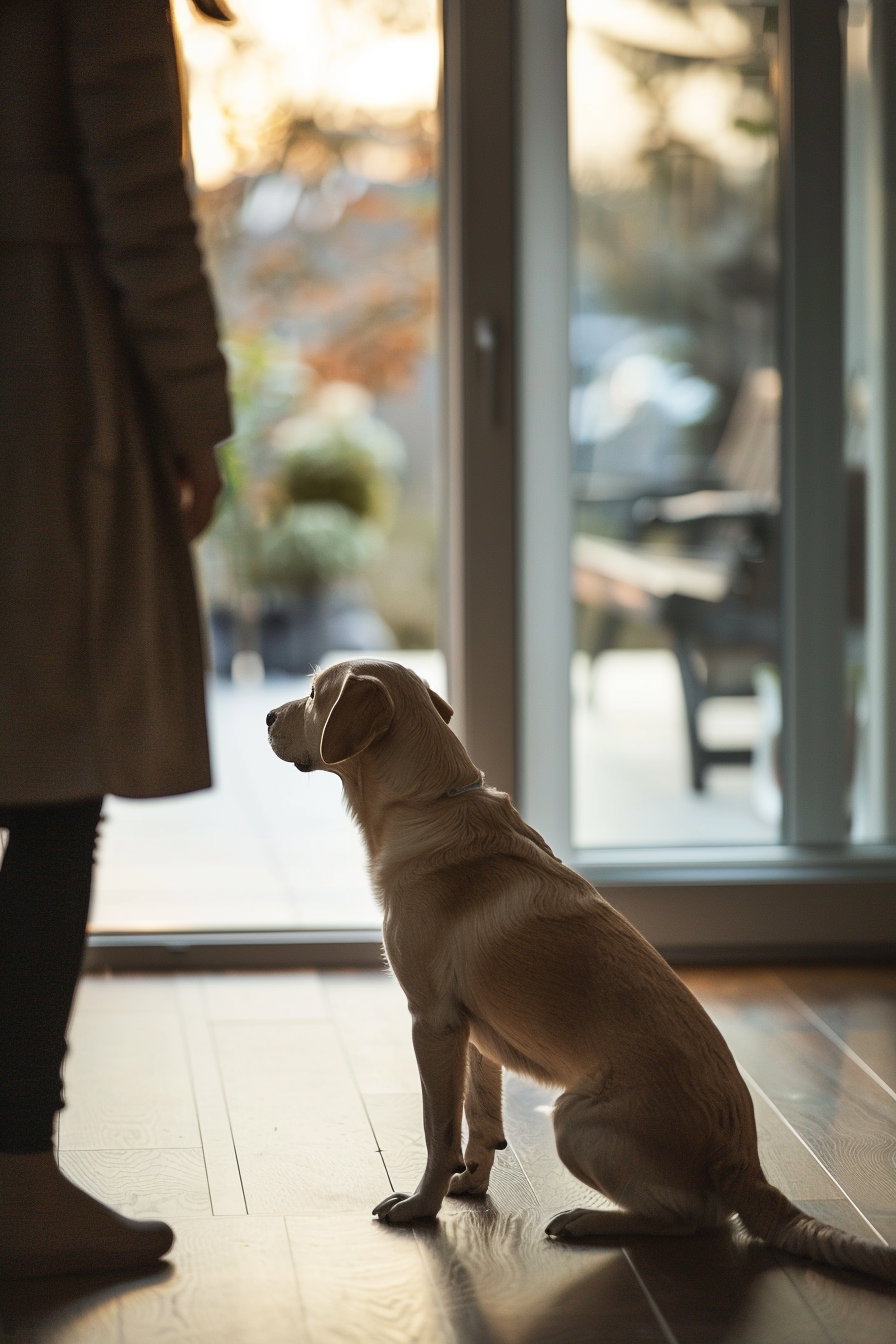 Loyal dog closely following owner in soft-lit home scene