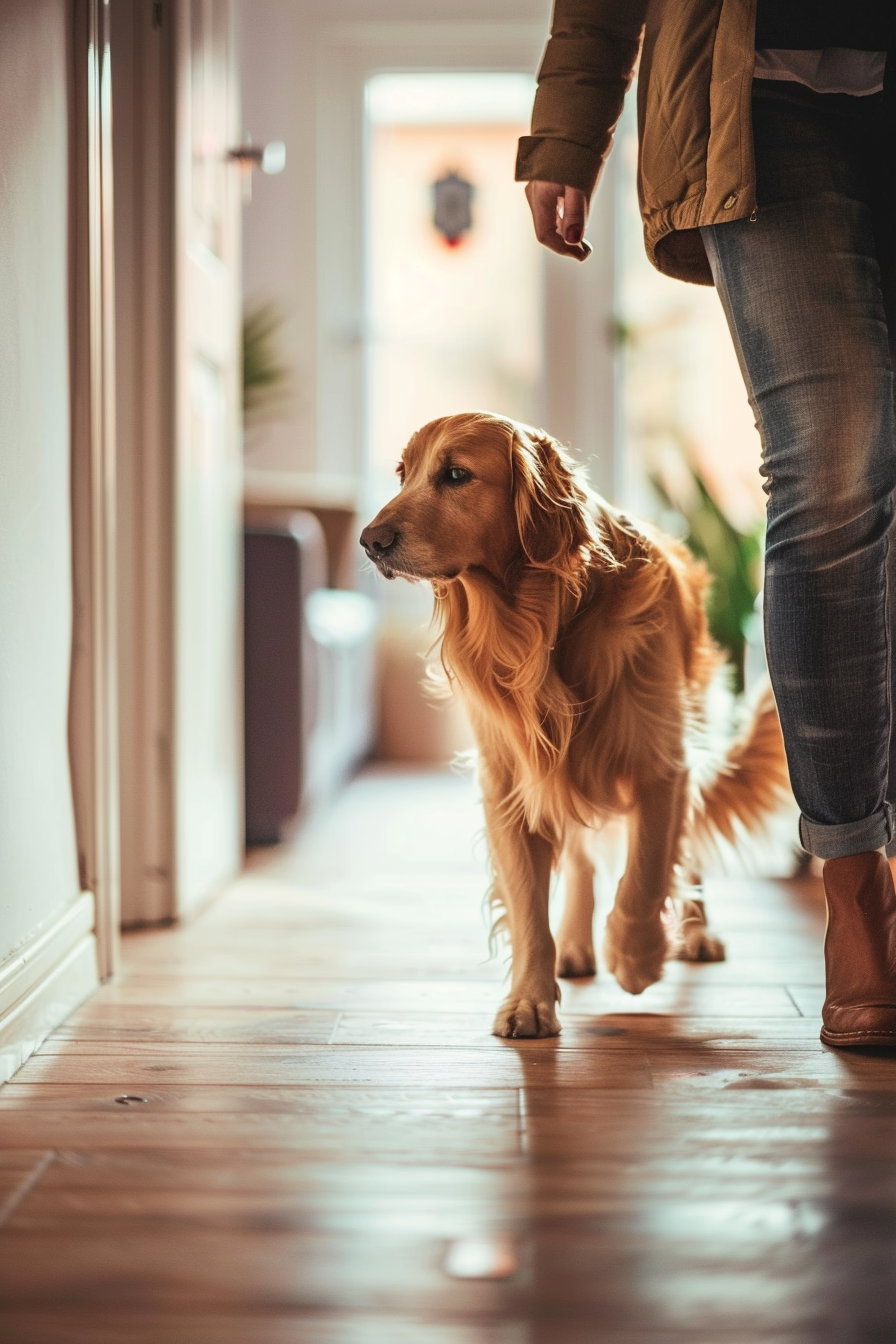 Loyal dog closely following owner in cozy home scene