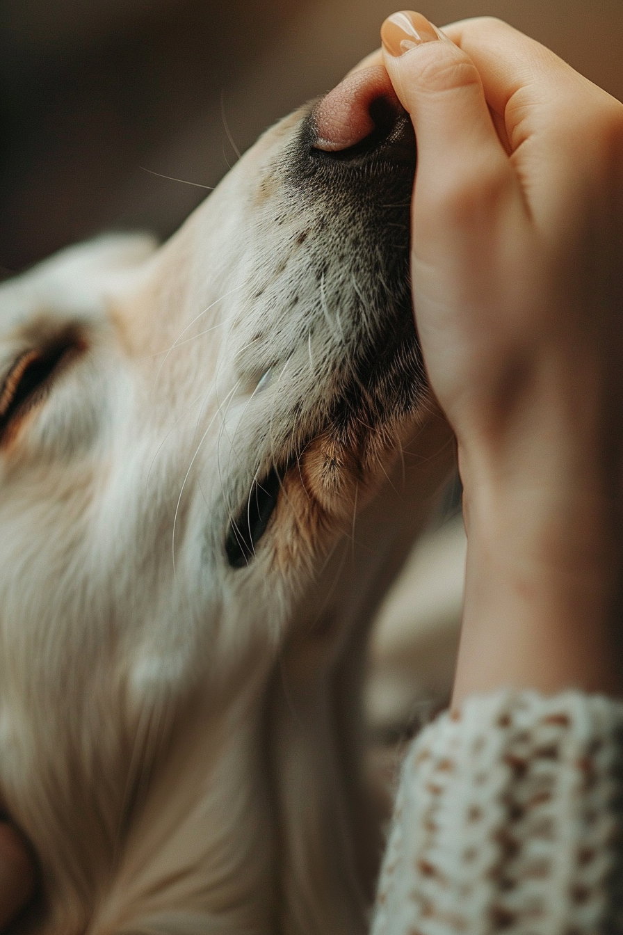 Close-up of dog pawing owner's hand in soft lighting