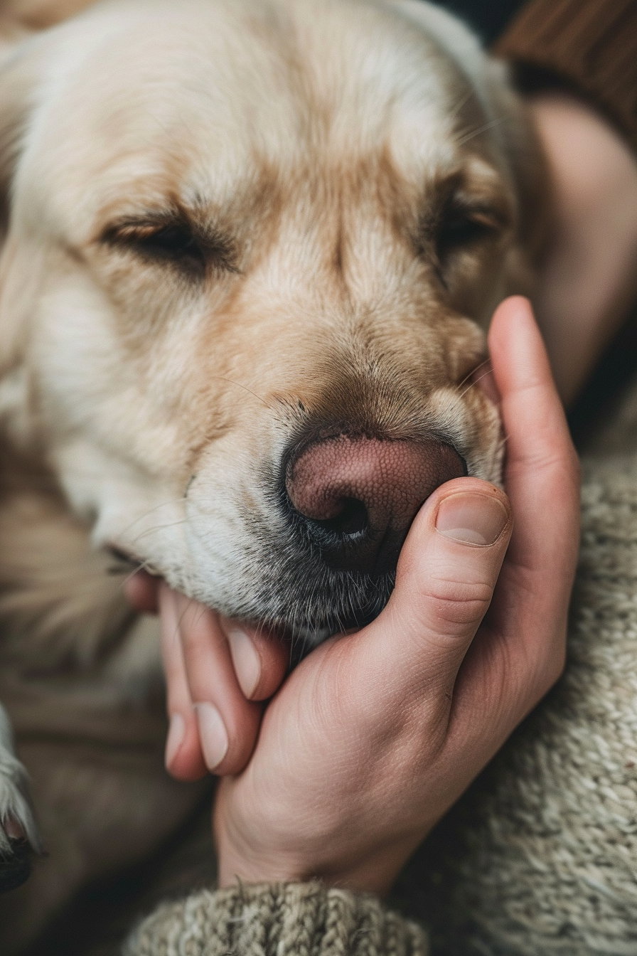 Dog's paw on owner's hand, showcasing emotional bond