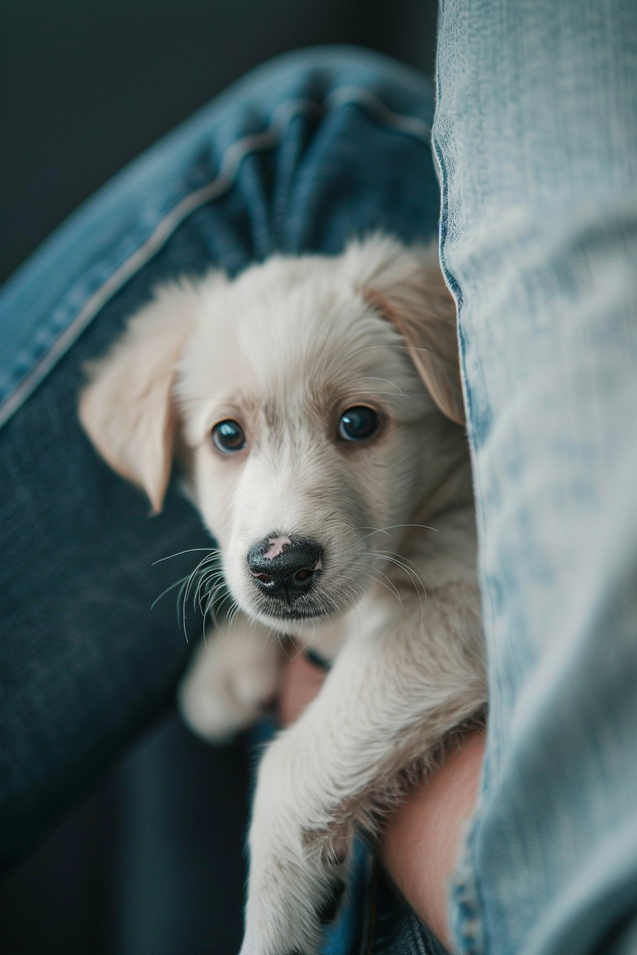 Shy puppy peeking from behind owner's leg in soft light