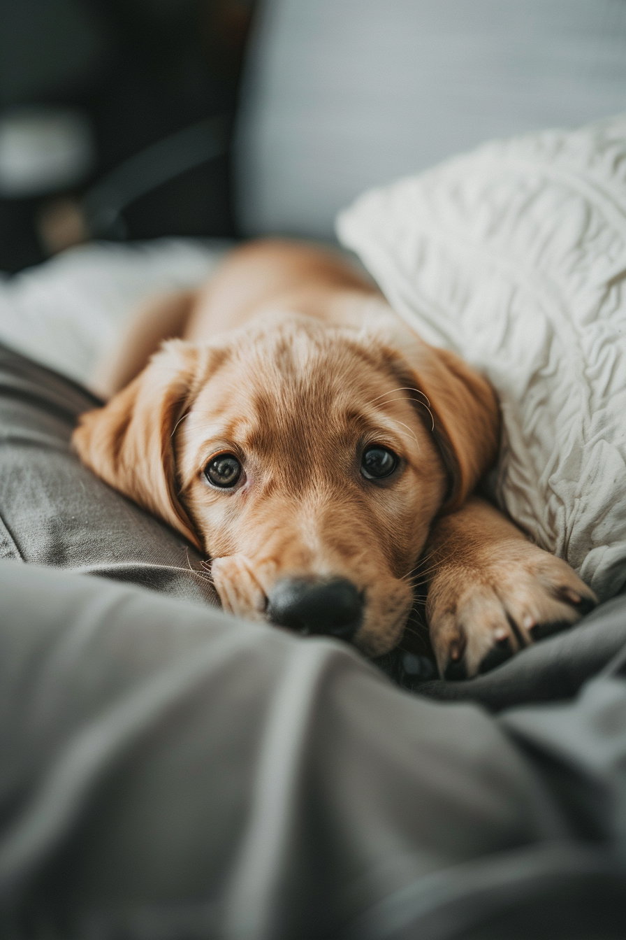 Shy puppy hiding behind owner's leg in soft light