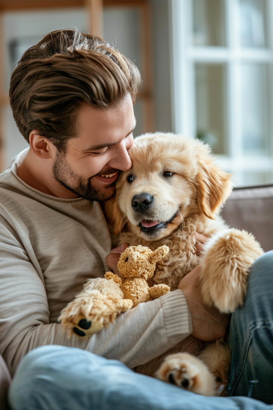 Happy dog brings favorite toy to owner indoors