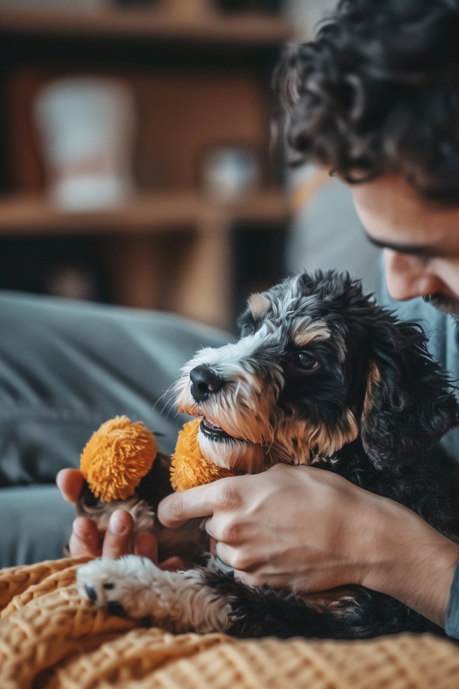 Happy dog bringing toy to owner indoors