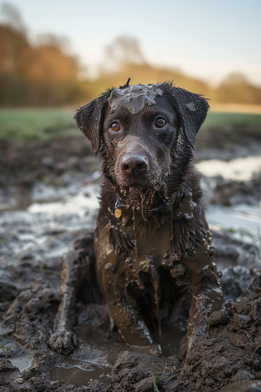 Mud-covered dog with messy fur and guilty expression outdoors