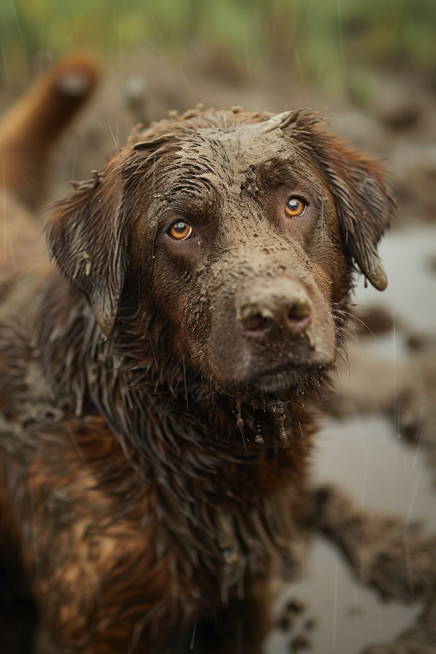 Mud-covered dog with messy fur and guilty expression outdoors