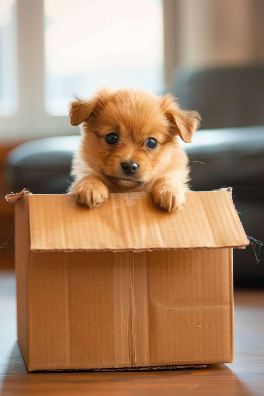 Puppy awkwardly stuck in small box with soft lighting