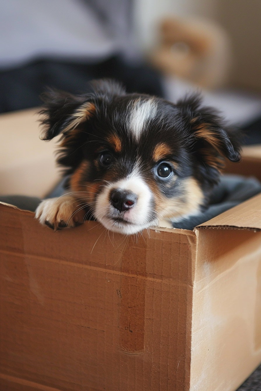 Puppy awkwardly stuck in small box, humorous candid moment