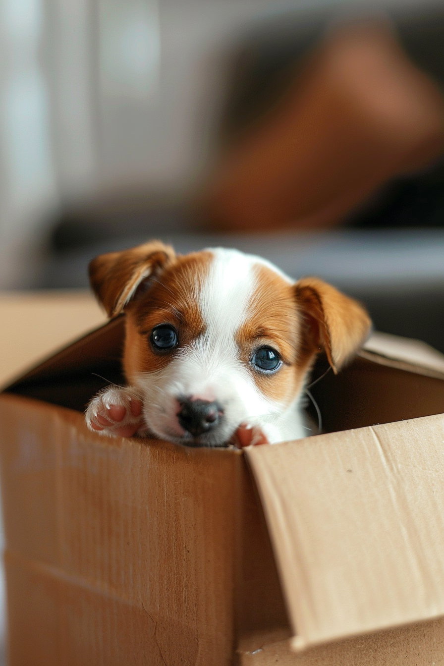 Puppy awkwardly stuck in small box with soft lighting