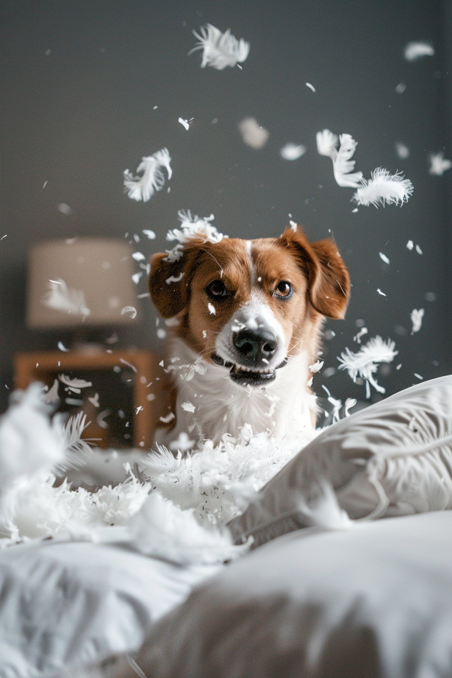 Dog joyfully tearing apart a pillow in chaotic room