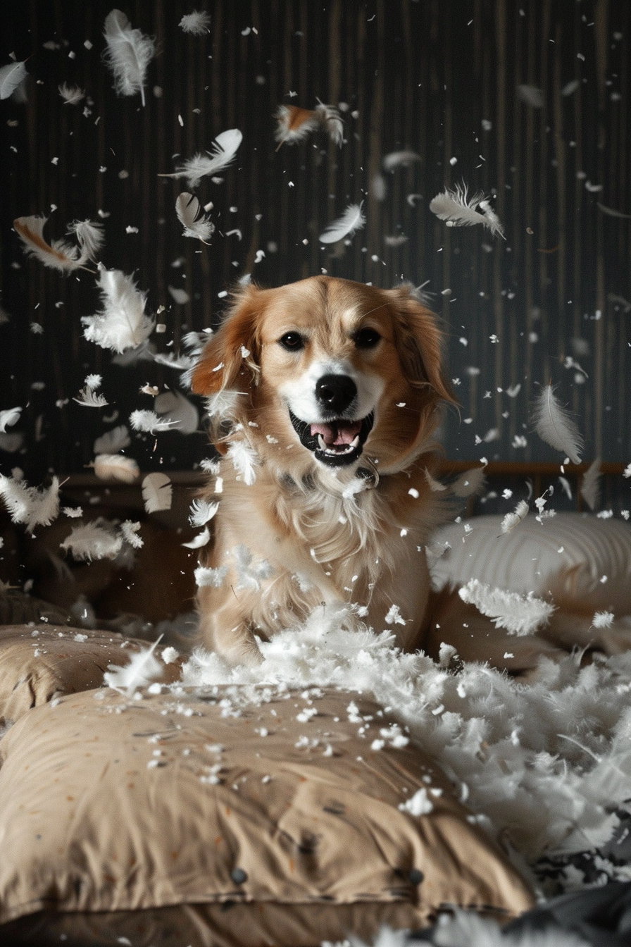Dog tearing apart pillow with feathers flying in chaotic room