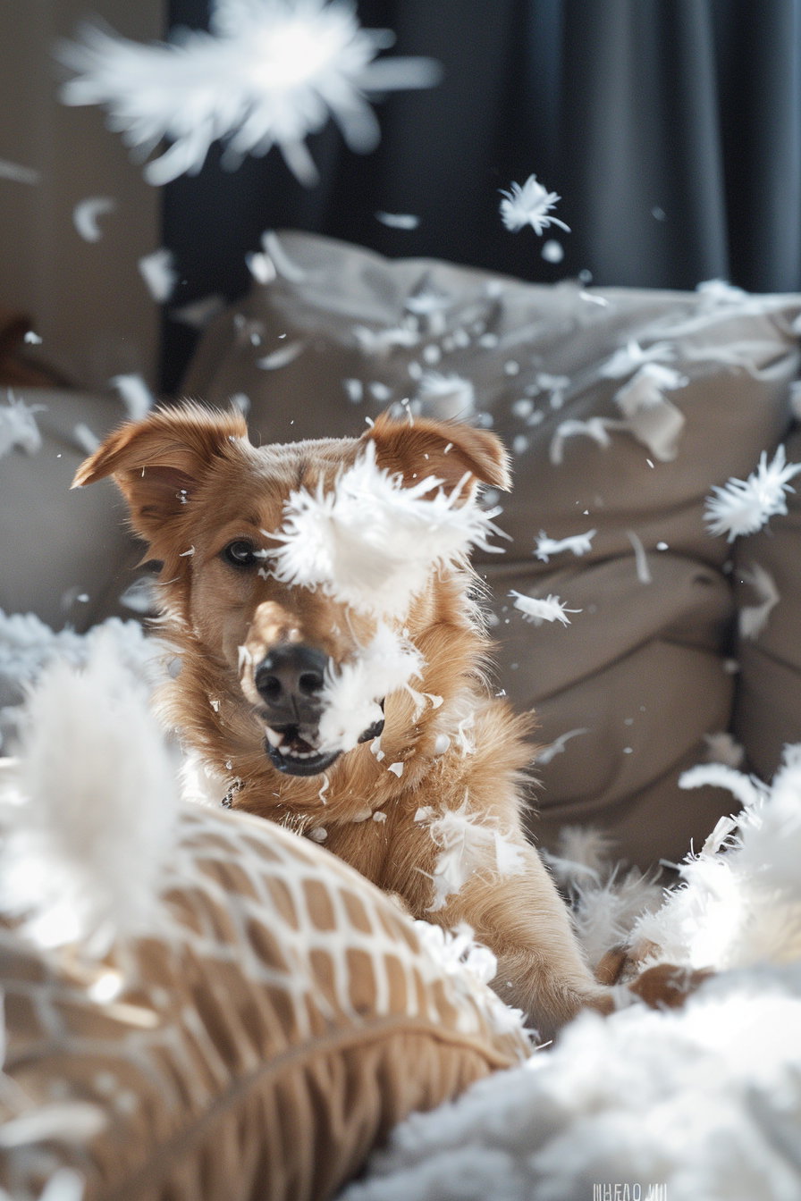 Dog joyfully shredding pillow in chaotic room with feathers flying