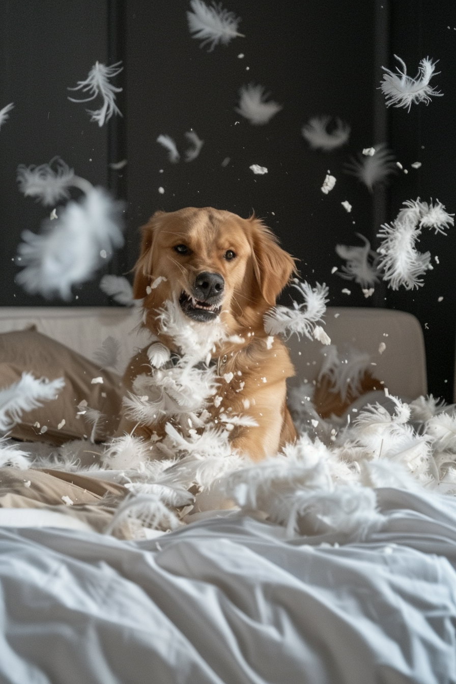 Dog joyfully tearing apart a pillow in chaotic room