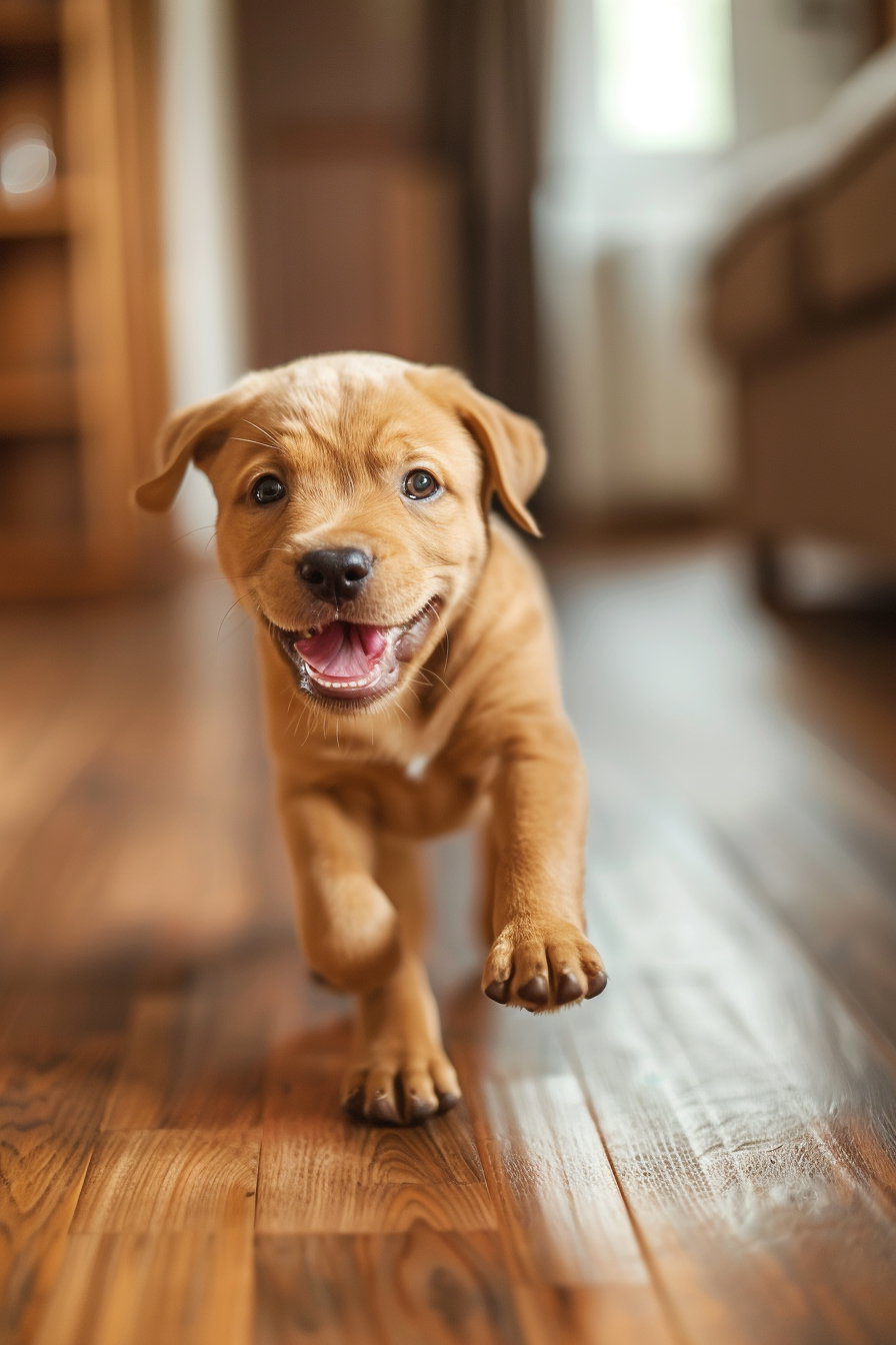 Puppy sliding on wooden floor with funny expression